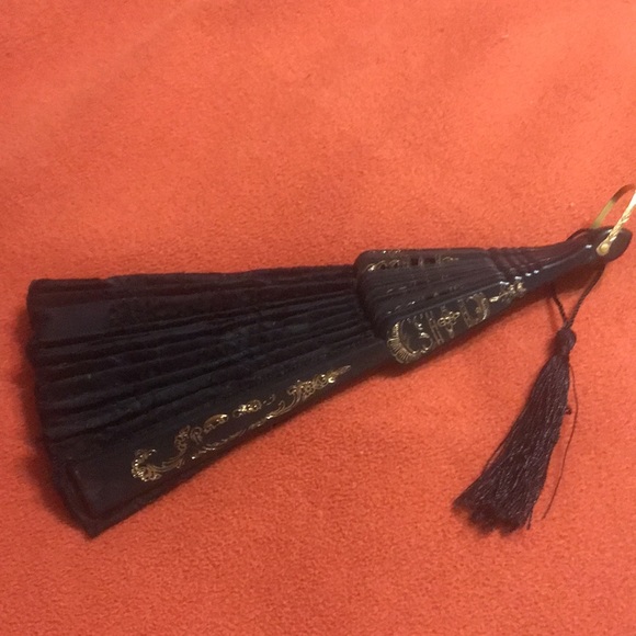 Japanese Hand Embroidered Black Hand Fan with Gold detailing - Picture 7 of 7